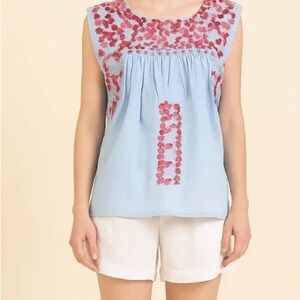 Chic Blue and Pink Embroidered Women's Blouse